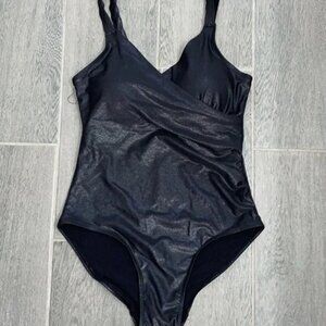 New Serra Gray Metallic One-Piece Ruched Bathing Suit - Small